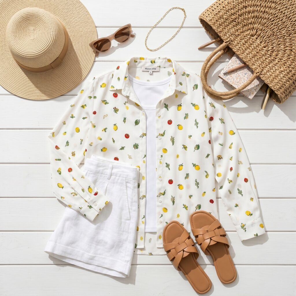 fruit vegetable print shirt vacation outfit